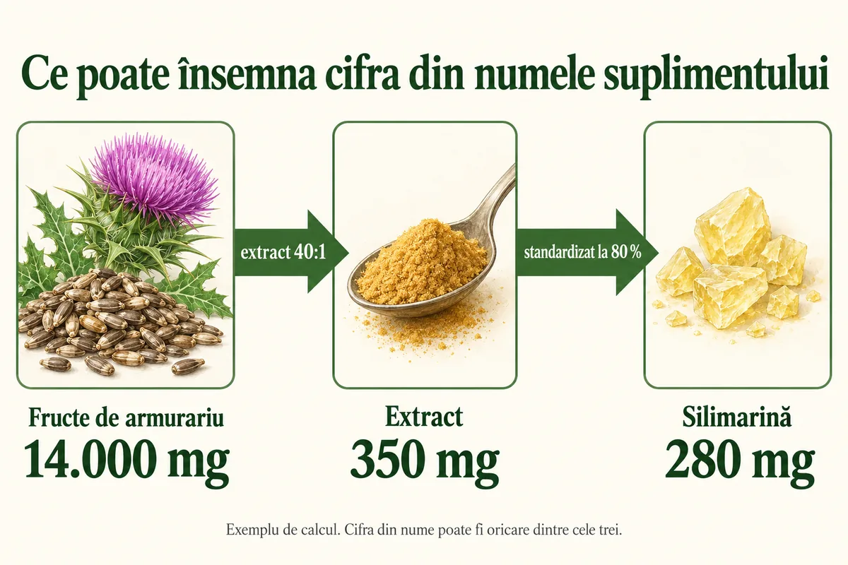 Schemă: 14.000 mg de fructe de armurariu, prin extract 40:1, dau 350 mg de extract, iar standardizat la 80 % acesta are 280 mg de silimarină