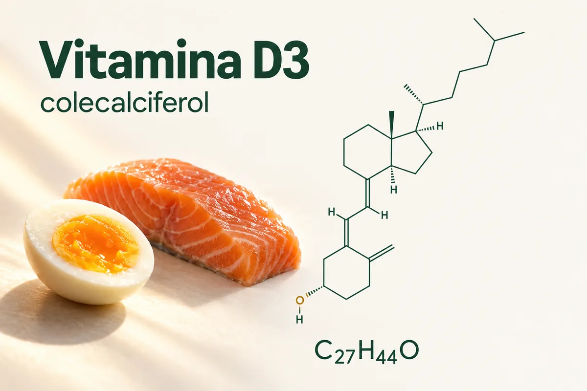 Formula structurală a vitaminei D3, colecalciferol, C27H44O, desenată cu verde pe fond crem, lângă un ou fiert tăiat în două și o bucată de somon