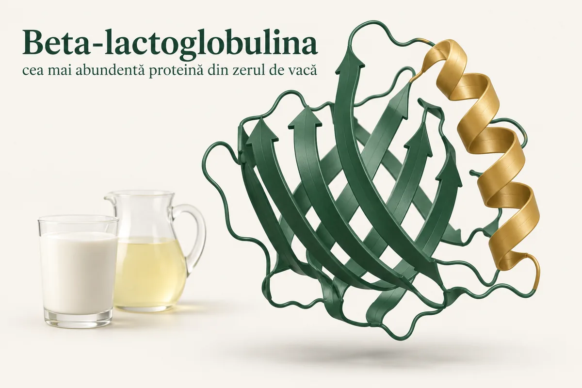 Model tridimensional ilustrat al beta-lactoglobulinei, cu benzi verzi pliate în formă de butoiaș și o spirală aurie, lângă un pahar cu lapte și o carafă cu zer