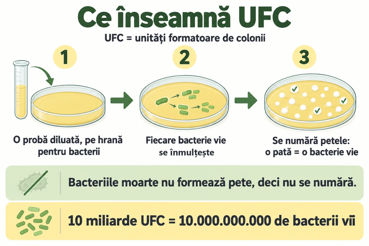 Schemă în trei pași: bacteriile vii puse pe hrană se înmulțesc și formează pete, iar petele se numără; 10 miliarde UFC sunt 10.000.000.000 de bacterii vii
