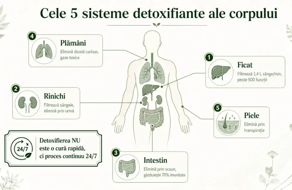 Cele 5 sisteme principale de detoxifiere ale organismului: ficat, rinichi, intestin, plămâni, piele