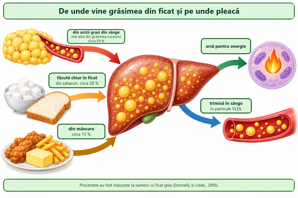 Schemă: grăsimea din ficatul gras vine circa 59 % din acizii grași din sânge, 26 % din zaharuri și 15 % din mâncare