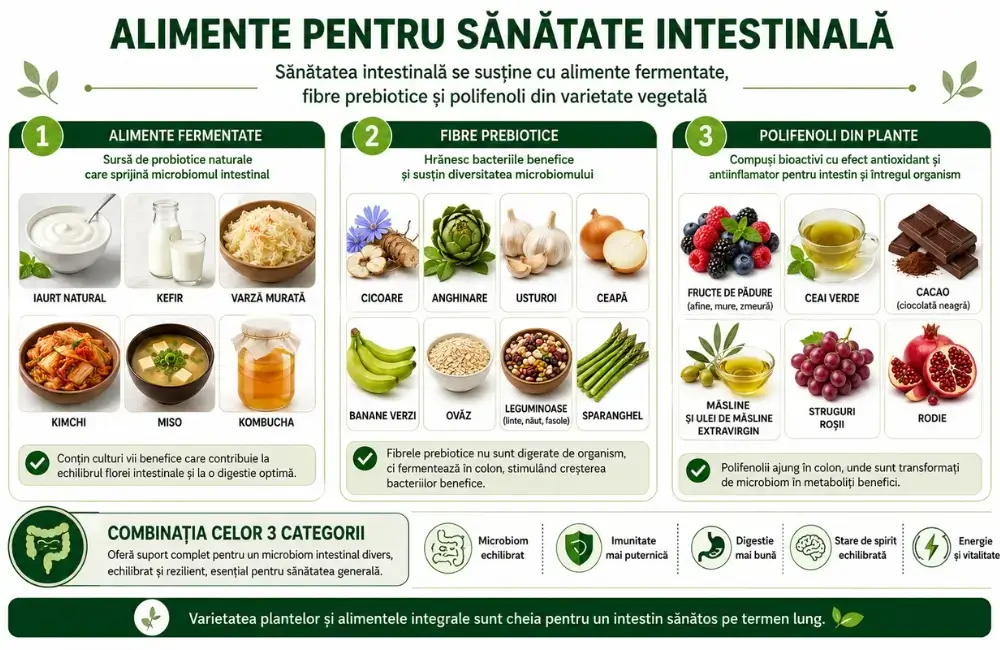 Alimente pentru sănătate intestinală, fermentate, fibre prebiotice și polifenoli pentru microbiom