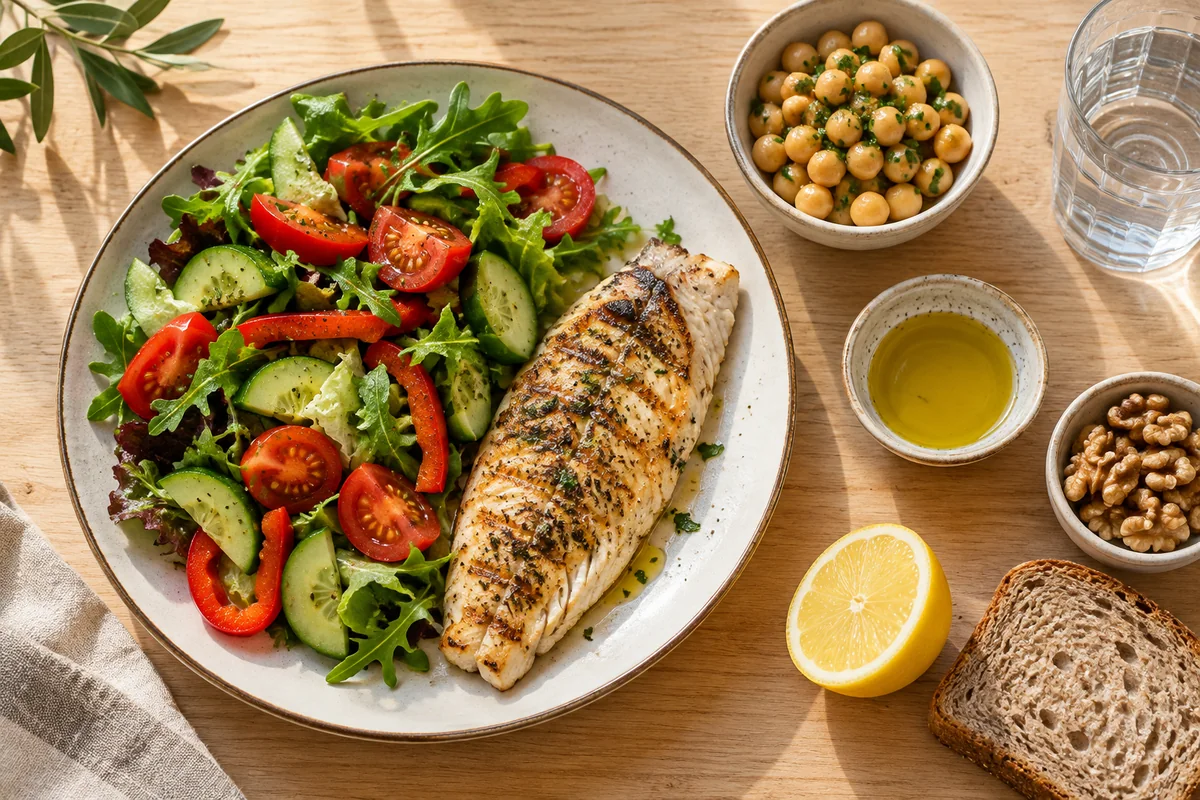 Prânz după modelul mediteranean: pește la grătar, salată de legume, năut, nuci și ulei de măsline