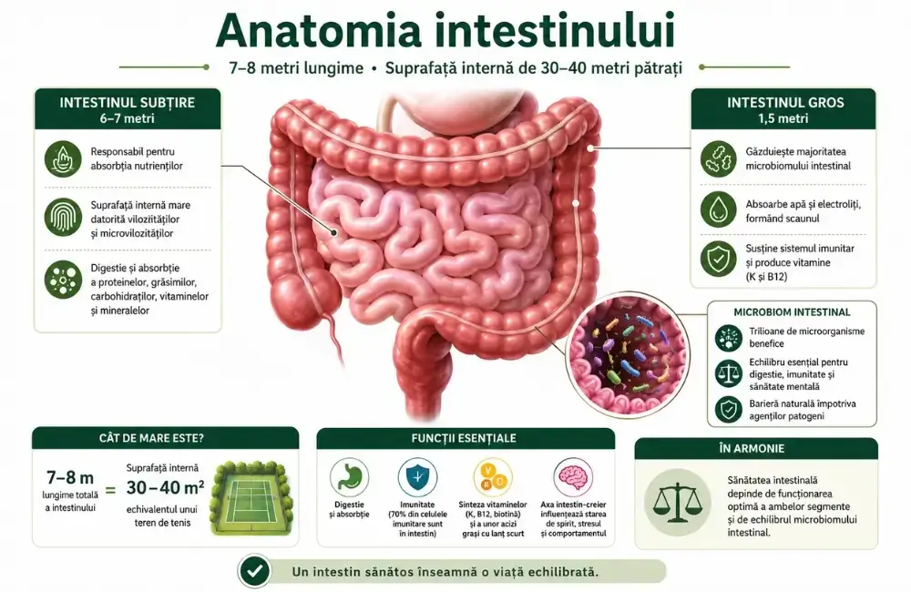 Anatomia intestinului uman, intestinul subțire și gros, suprafața internă de 30-40 metri pătrați