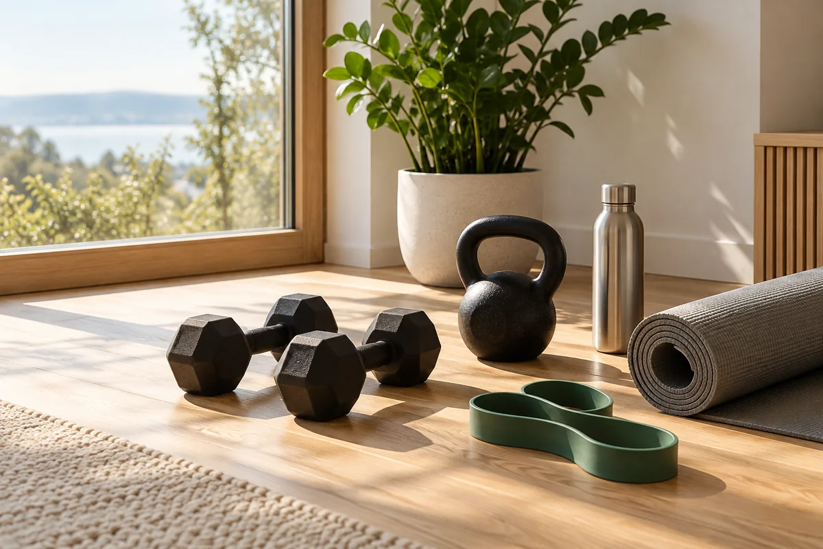 Gantere, un kettlebell și o bandă elastică pentru antrenamentul cu greutăți acasă