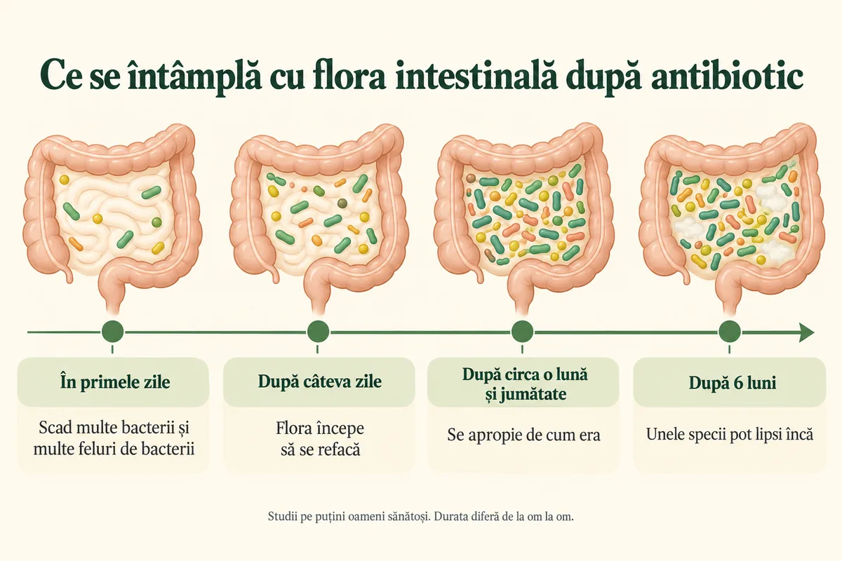 Schemă cu patru etape ale florei intestinale după antibiotic: în primele zile scad multe bacterii, după câteva zile flora începe să se refacă, după circa o lună și jumătate se apropie de cum era, după 6 luni unele specii pot lipsi încă