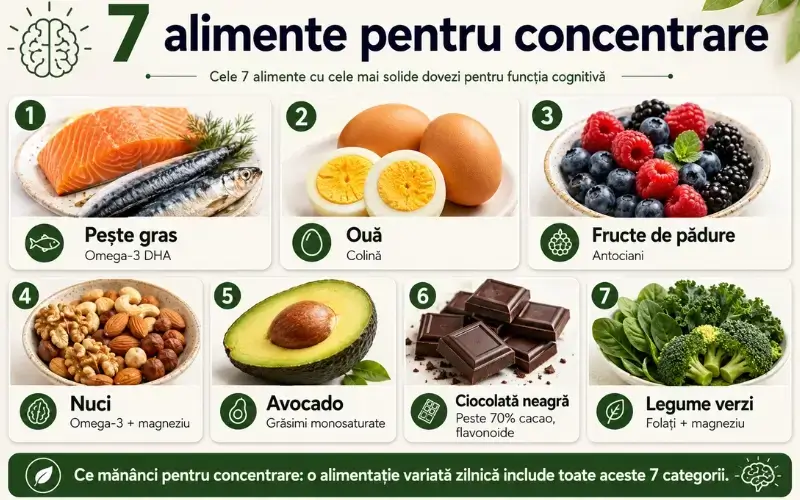 Cele 7 alimente dovedite pentru concentrare, pește, ouă, fructe de pădure, nuci, avocado, ciocolată neagră, legume verzi