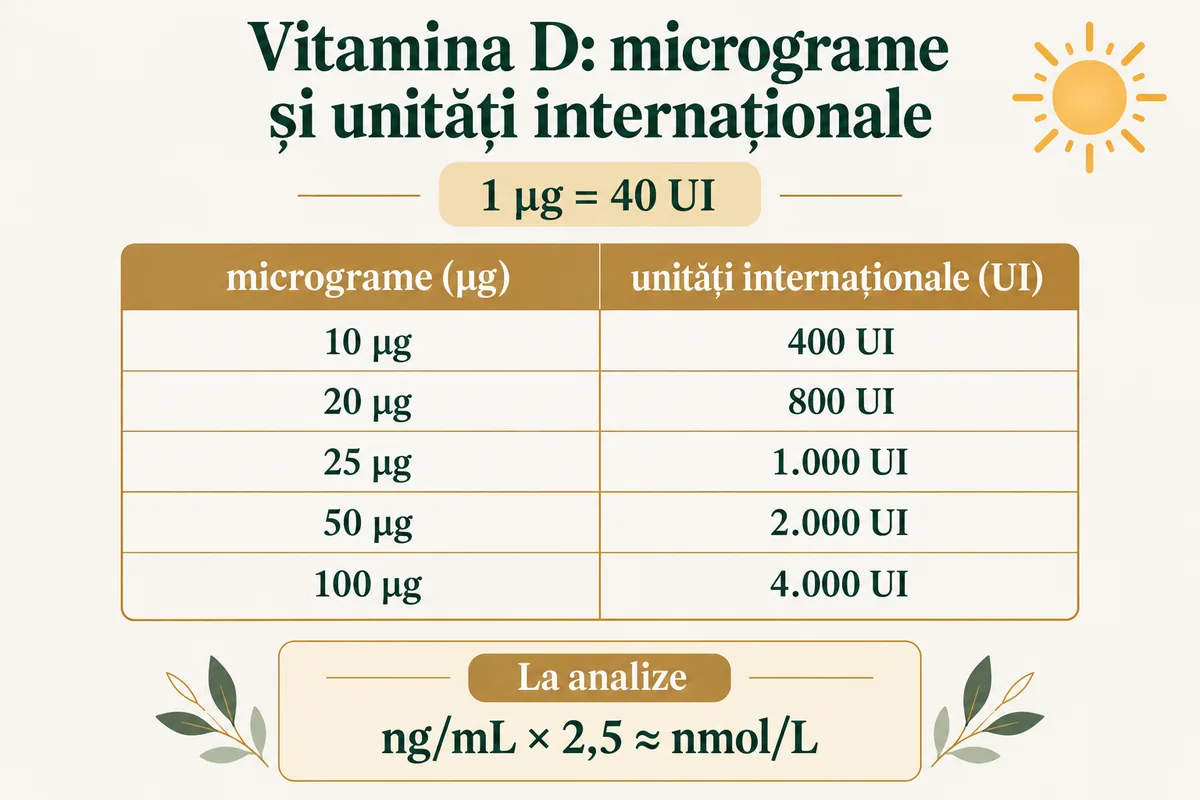 Tabel ilustrat de conversie pentru vitamina D: 1 µg = 40 UI, 10 µg = 400 UI, 20 µg = 800 UI, 25 µg = 1.000 UI, 50 µg = 2.000 UI, 100 µg = 4.000 UI, iar la analize ng/mL înmulțit cu 2,5 dă aproximativ nmol/L