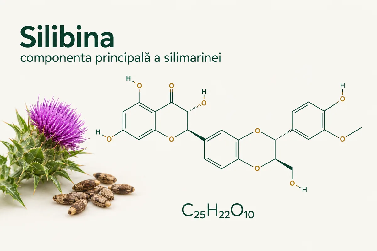 Formula structurală a silibinei, C25H22O10, desenată cu verde pe fond crem, lângă o floare violet de armurariu și câteva semințe