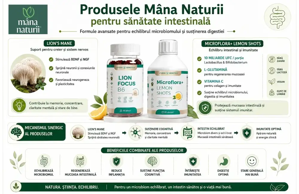 Produse Mâna Naturii pentru sănătate intestinală, Microflora+ Lemon Shots și pachete digestie