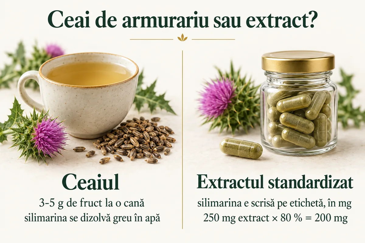 Comparație ilustrată între o cană de ceai de armurariu cu semințe alături și o capsulă vegetală cu extract standardizat, cu calculul 250 mg extract × 80 % = 200 mg silimarină