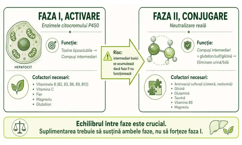 Cele 2 faze ale detoxifierii hepatice, faza de activare și faza de conjugare, cu cofactori necesari