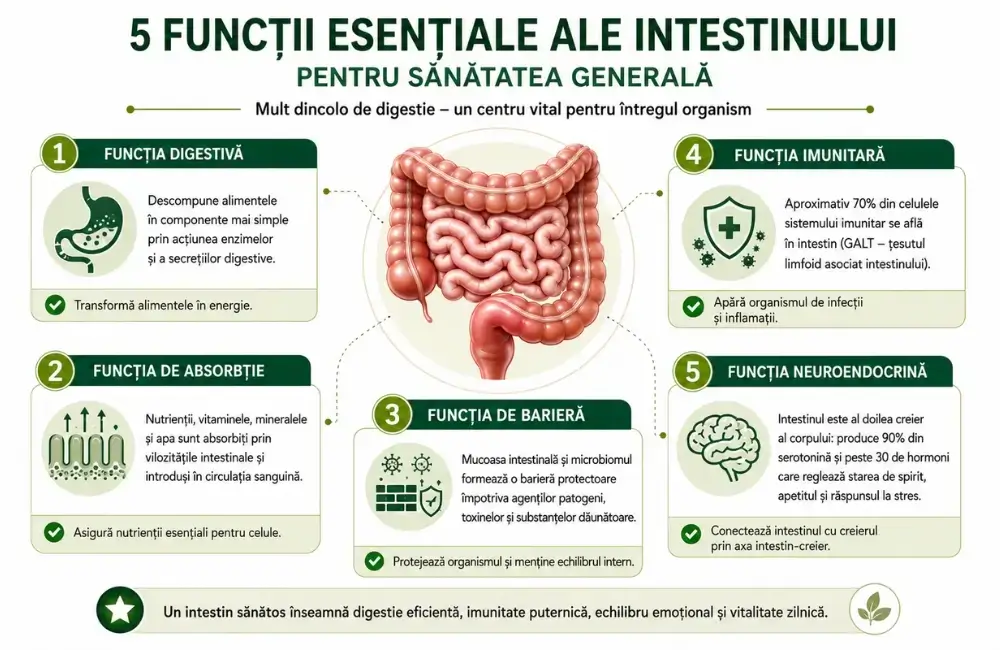 5 funcții esențiale ale intestinului pentru sănătate intestinală: digestie, absorbție, barieră, imunitate, neuroendocrină