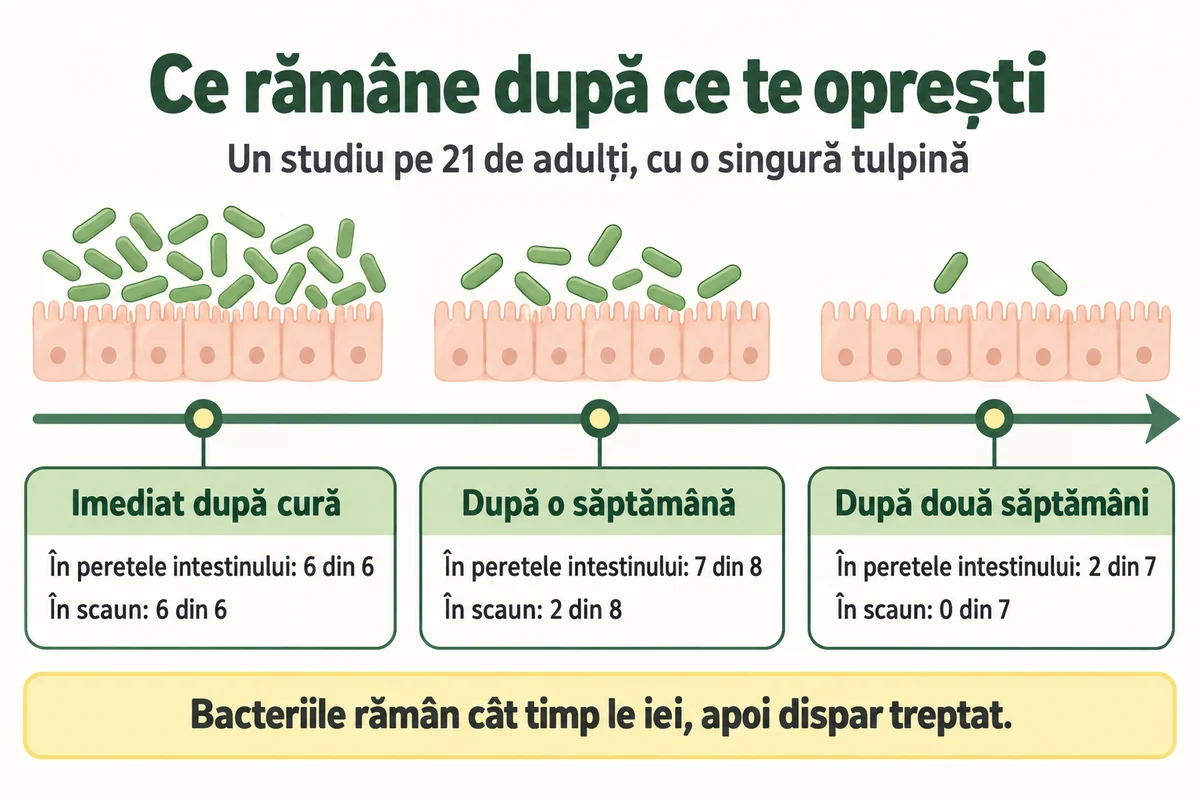 Schemă pe o axă a timpului: bacteria probiotică e găsită tot mai rar în peretele intestinului și în scaun, la una și la două săptămâni după oprire