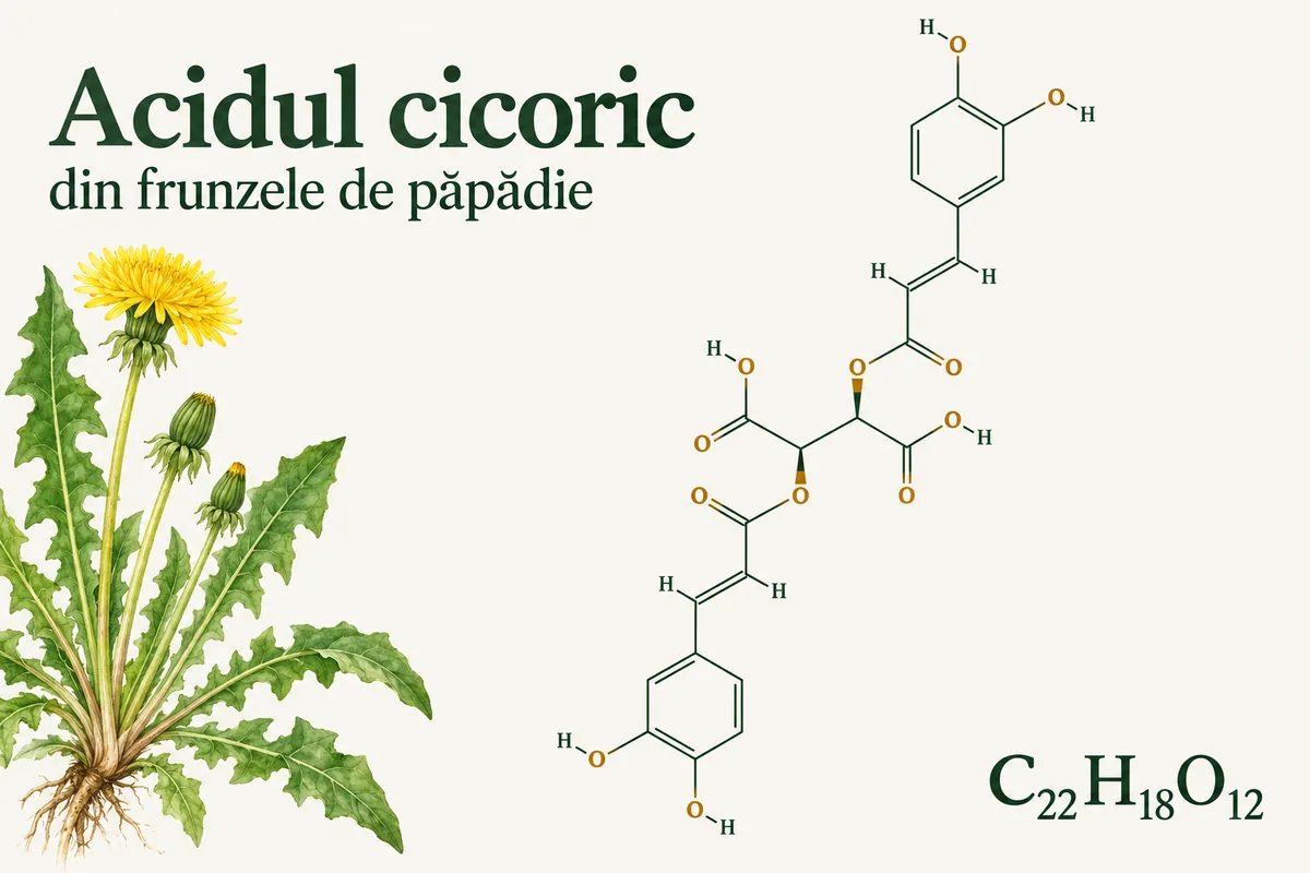 Formula structurală a acidului cicoric, C22H18O12, desenată cu verde pe fond crem, lângă o plantă de păpădie cu floare galbenă