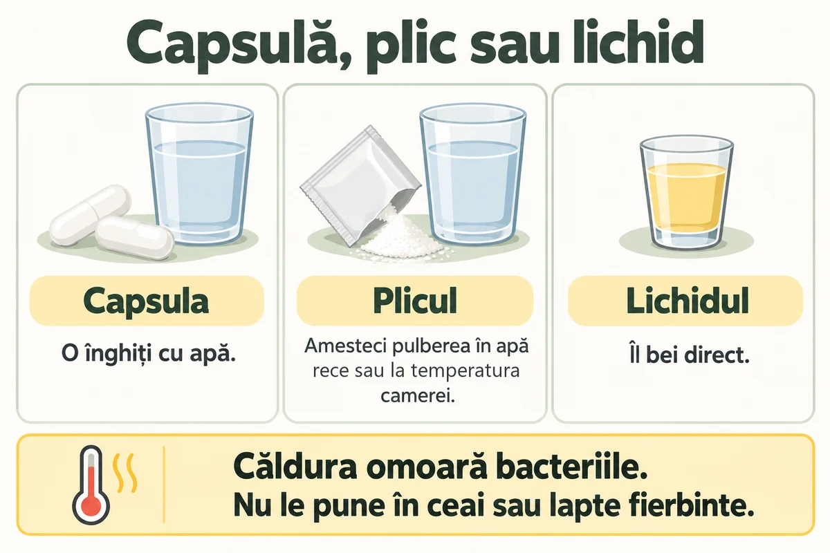 Schemă: capsula se înghite cu apă, pulberea din plic se amestecă în apă rece, lichidul se bea direct; căldura omoară bacteriile