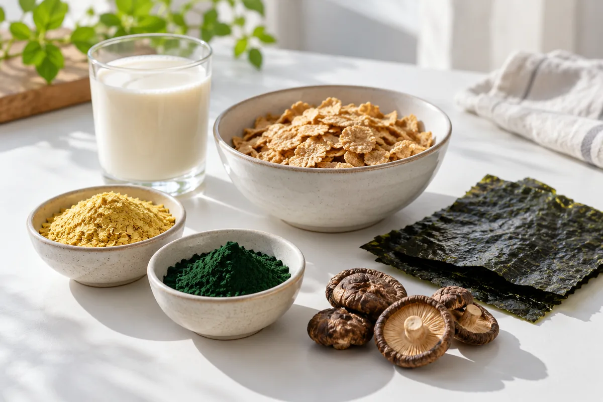 Un pahar cu băutură vegetală, un bol cu fulgi de cereale și un bol cu fulgi de drojdie, lângă foi de alge nori uscate, un bol cu pulbere de spirulină și ciuperci shiitake uscate, pe o masă albă