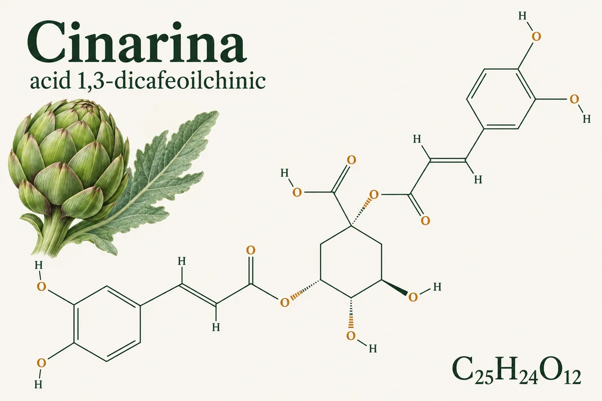 Formula structurală a cinarinei, acidul 1,3-dicafeoilchinic, C25H24O12, desenată cu verde pe fond crem, lângă un capitul și o frunză de anghinare