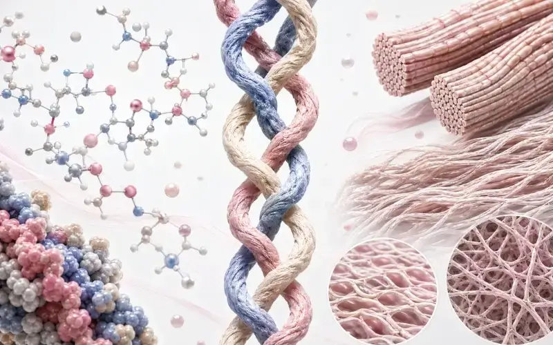 Structura moleculară triplă elicoidală a colagenului, cu glicină, prolină, hidroxiprolină