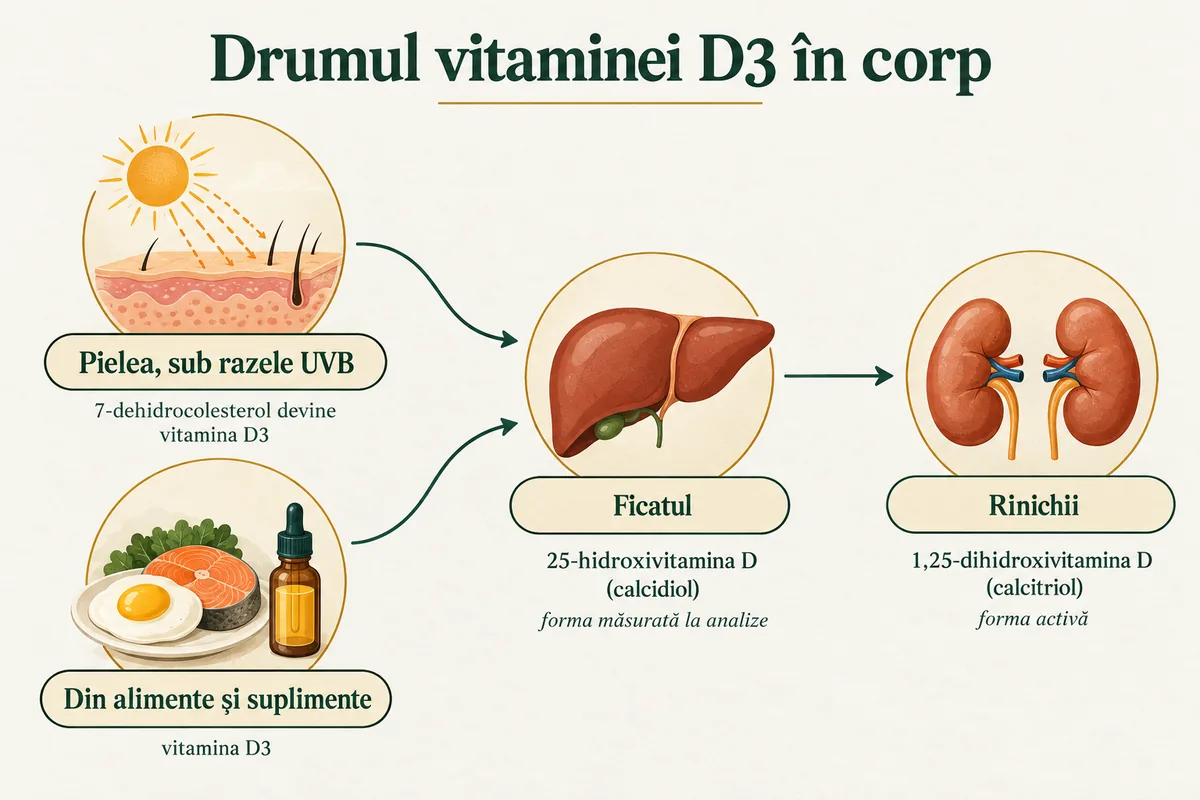 Schemă ilustrată cu drumul vitaminei D3 în corp: pielea sub razele UVB și alimentele sau suplimentele duc la ficat, unde se formează 25-hidroxivitamina D măsurată la analize, apoi la rinichi, unde se formează calcitriolul, forma activă