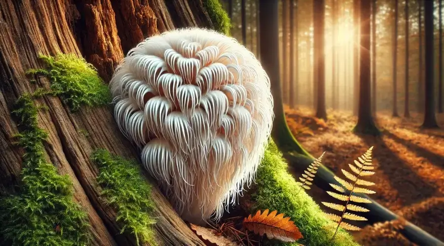 Lion's Mane (Hericium erinaceus) are un aspect distinctiv tip coamă de leu, cu fire delicate care îi dau numele caracteristic