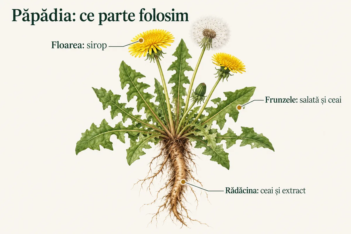Schemă cu o plantă întreagă de păpădie scoasă din pământ: floarea galbenă pentru sirop, frunzele crestate pentru salată și ceai, rădăcina groasă pentru ceai și extract