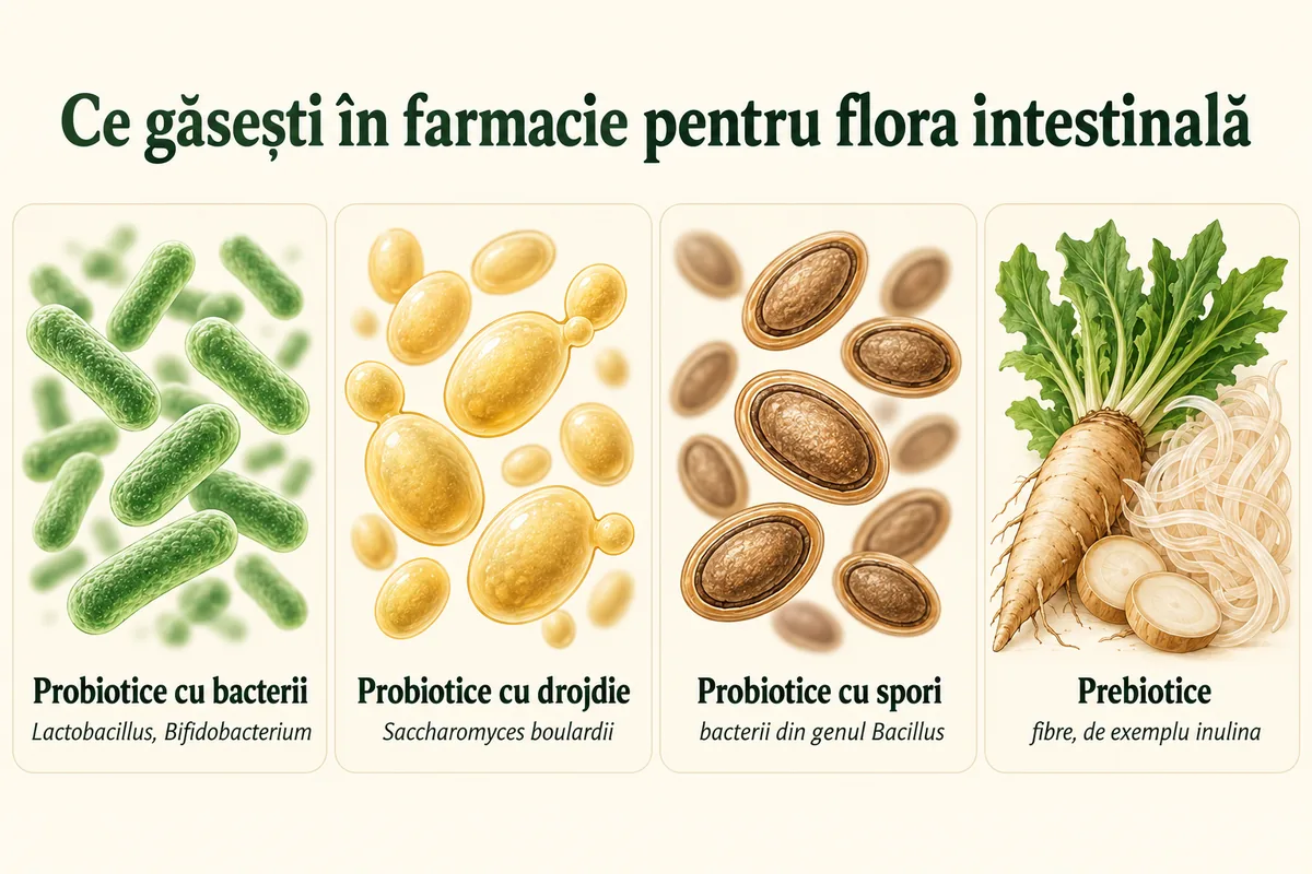 Schemă cu patru tipuri de produse pentru flora intestinală: probiotice cu bacterii (Lactobacillus, Bifidobacterium), probiotice cu drojdie (Saccharomyces boulardii), probiotice cu spori (Bacillus) și prebiotice, de exemplu inulina din rădăcina de cicoare