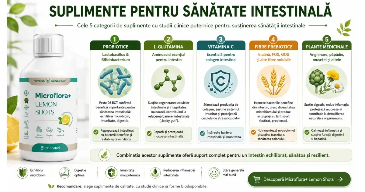 Suplimente pentru sănătate intestinală, probiotice Lactobacillus Bifidobacterium, L-glutamină, plante medicinale
