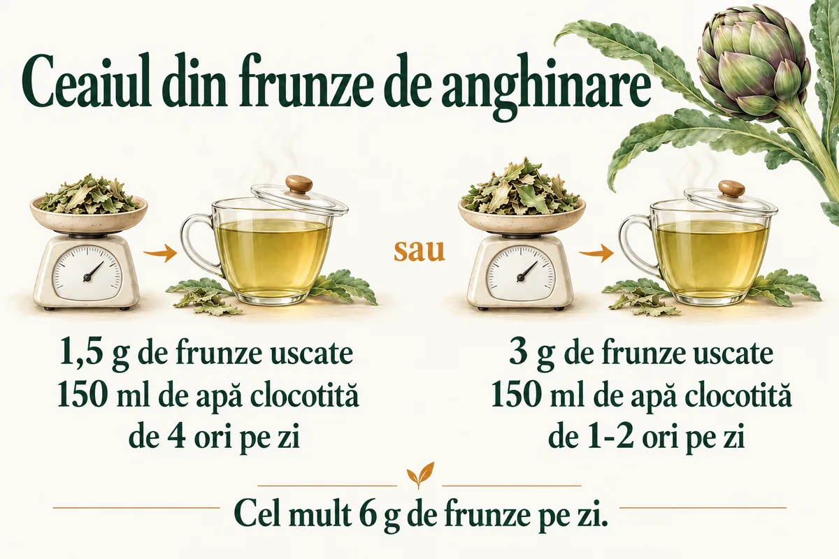Infografic despre ceaiul din frunze de anghinare: 1,5 g de frunze uscate la 150 ml de apă clocotită de 4 ori pe zi, sau 3 g la 150 ml de 1-2 ori pe zi, cel mult 6 g de frunze pe zi