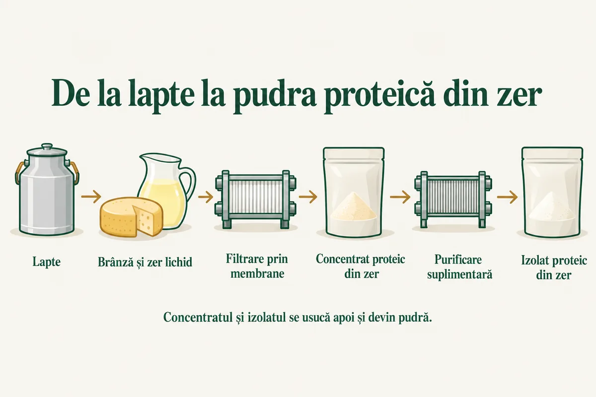 Schemă ilustrată a producției: lapte, apoi brânză și zer lichid, filtrare prin membrane, concentrat proteic din zer, purificare suplimentară și izolat proteic din zer, ambele uscate apoi în pudră