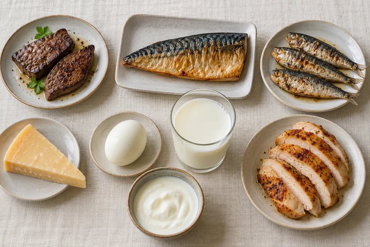 Porții de alimente cu vitamina B12 văzute de sus: două felii de ficat de vită prăjit, un file de macrou, trei sardine, o bucată de brânză tare, un ou fiert, un pahar cu lapte, un bol cu iaurt și piept de pui feliat