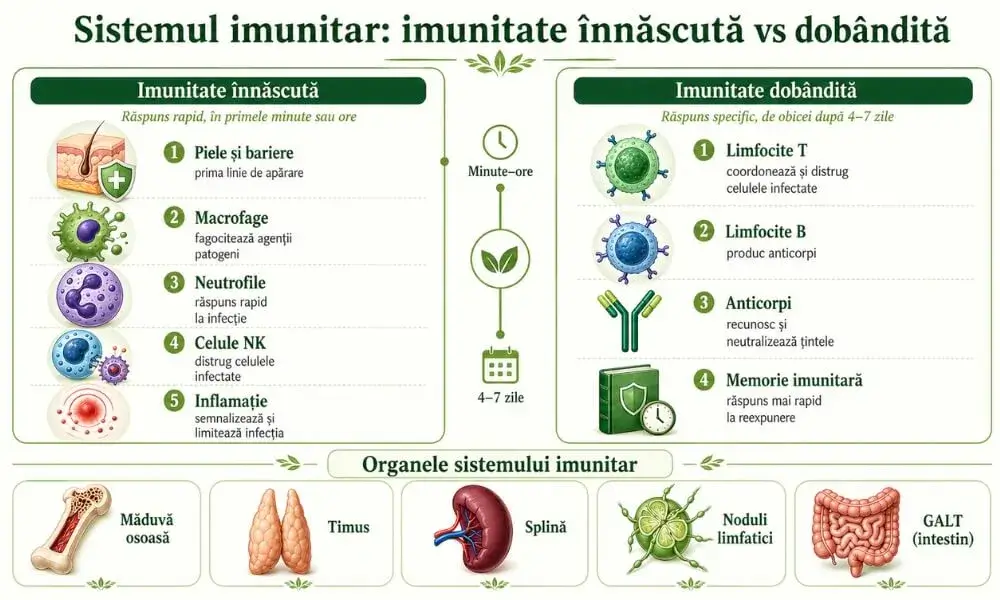 Componentele sistemului imunitar, imunitate înnăscută versus dobândită, infografic