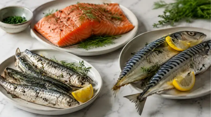 Pește gras omega-3 DHA pentru concentrare, somon, sardine, macrou pentru creier