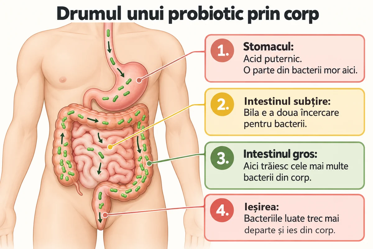 Schemă a tubului digestiv: acidul din stomac și bila din intestinul subțire omoară o parte din bacterii, iar cele mai multe bacterii trăiesc în intestinul gros