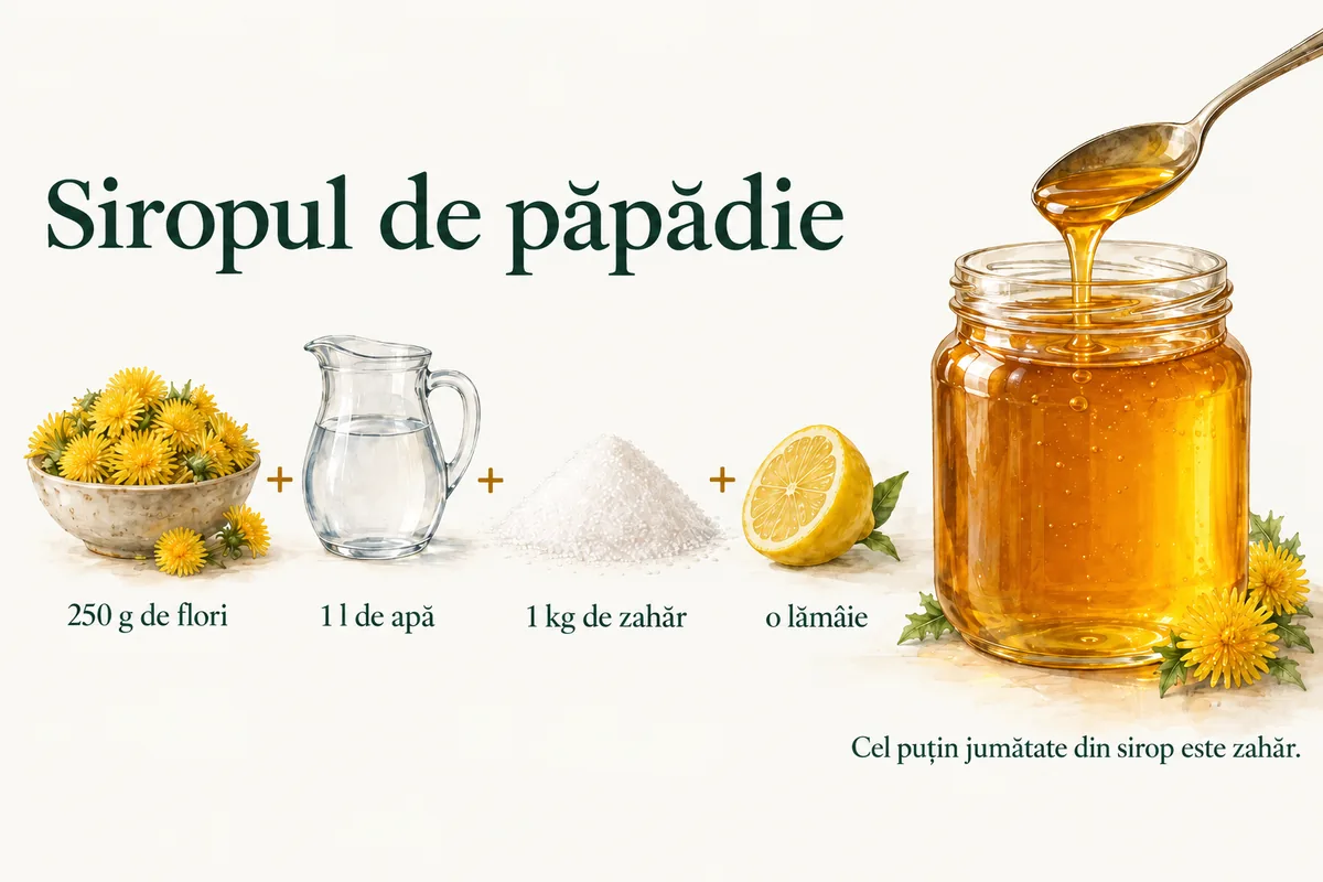 Infografic despre siropul de păpădie: 250 g de flori, 1 l de apă, 1 kg de zahăr și o lămâie, lângă un borcan cu sirop auriu; cel puțin jumătate din sirop este zahăr