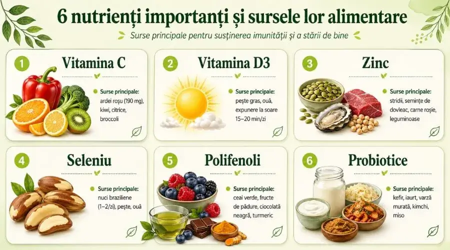 Nutrienții esențiali pentru imunitate, vitamina C, D, zinc, seleniu și sursele lor alimentare