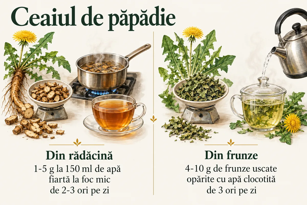 Infografic despre ceaiul de păpădie: din rădăcină 1-5 g la 150 ml de apă, fiartă la foc mic, de 2-3 ori pe zi; din frunze 4-10 g de frunze uscate opărite cu apă clocotită, de 3 ori pe zi